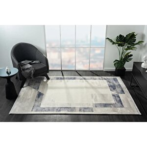 Dark Dk014m Gri Halı Mavi Geometrik Detaylı Akrilik Tozuaz Salon Halısı Yatak Odası Halısı Koridor 78x300 cm