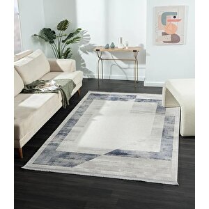 Dark Dk014m Gri Halı Mavi Geometrik Detaylı Akrilik Tozuaz Salon Halısı Yatak Odası Halısı Koridor 78x300 cm