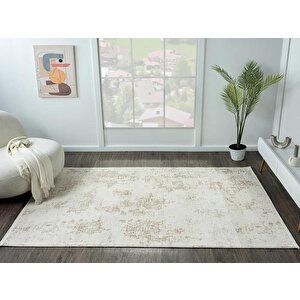 Lotus Plus 08584a Beyaz Halı Kahverengi Detaylı Ince Akrilik Tozuaz Salon Halısı Yatak Odası Koridor 77x150 cm