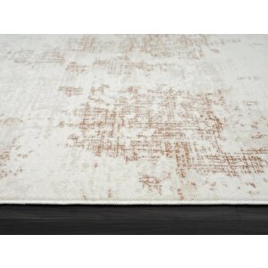 Lotus Plus 08584a Beyaz Halı Kahverengi Detaylı Ince Akrilik Tozuaz Salon Halısı Yatak Odası Koridor