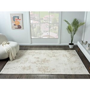 Lotus Plus 08584a Beyaz Halı Kahverengi Detaylı Ince Akrilik Tozuaz Salon Halısı Yatak Odası Koridor 156x230 cm