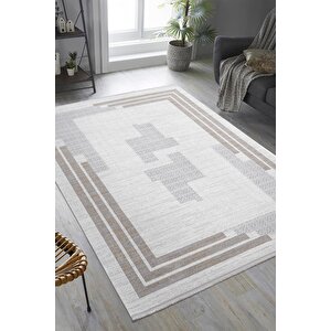 Trend Tr010a Krem Halı Vizon Ve Gri Detaylı Geometrik Desenli Akrilik Yumuşak Salon Halısı 76x150 cm