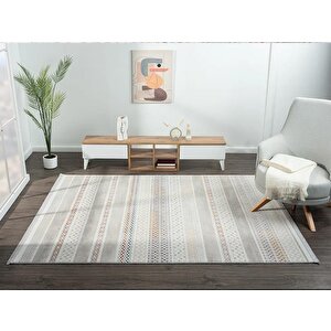 Lotus 8571 Gri Halı Renkli Kilim Desenli Modern İnce Akrilik Tozuaz Salon Oturma Odası Halısı 80x300 cm