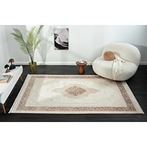Dark Dk015a Bej Halı Kahverengi Kenar Çerçeveli Göbekli Akrilik Tozuaz Modern Salon Halısı Koridor 195x290 cm
