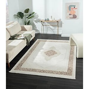 Dark Dk015a Bej Halı Kahverengi Kenar Çerçeveli Göbekli Akrilik Tozuaz Modern Salon Halısı Koridor 195x290 cm