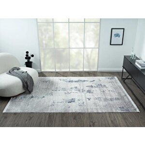 Elegance Eg013a Gri Halı Lacivert Detaylı Modern Viskon Doğal Iplik Bambu Halı Tozu Az Salon Halısı 78x300 cm