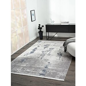 Elegance Eg013a Gri Halı Lacivert Detaylı Modern Viskon Doğal Iplik Bambu Halı Tozu Az Salon Halısı 78x300 cm
