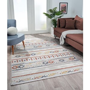 Lotus 8565 Gri Halı Renkli Kilim Desenli Modern Ince Akrilik Tozuaz Salon Halısı Yatak Odası Koridor 80x300 cm