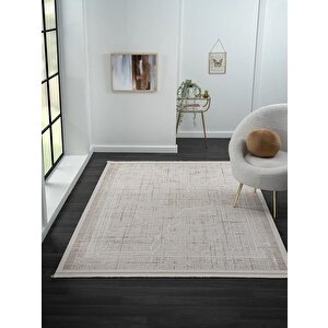 Truva Tv015a Bej Vizon Detaylı Kalın Akrilik Tozuaz Modern Salon Halısı Yatak Odası Halısı Koridor 130x190 cm