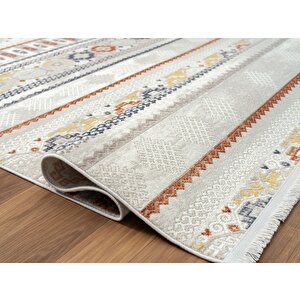 Lotus 8565 Gri Halı Renkli Kilim Desenli Modern Ince Akrilik Tozuaz Salon Halısı Yatak Odası Koridor