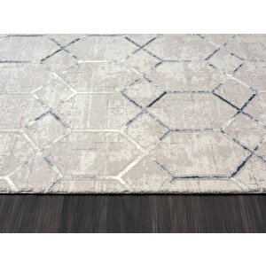 Soft 1805 Gri Halı Lacivert Detaylı Geometrik Desenli Modern Akrilik Tozuaz Salon Halısı Koridor