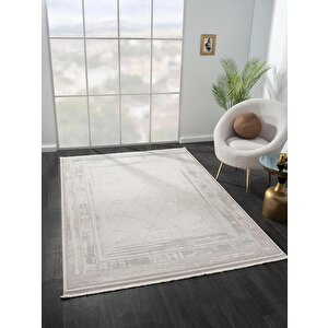 Truva Tv013a Bej Halı Geometrik Desen Kenar Çerçeveli Kalın Akrilik Tozuaz Modern Salon Halısı 97x200 cm