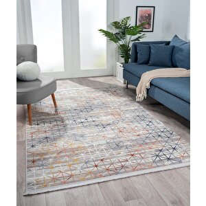 Lotus 8562 Gri Halı Renkli Geometrik Detaylı Modern Ince Akrilik Tozuaz Salon Halısı Yatak Odası 80x300 cm