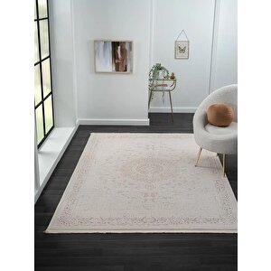 Truva Tv011a Bej Vizon Detaylı Göbekli Kalın Akrilik Tozuaz Modern Salon Halısı Yatak Odası Koridor 130x190 cm