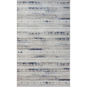Lotus 8566 Gri Halı Lacivert Detaylı Modern Ince Akrilik Tozuaz Salon Halısı Yatak Odası Koridor 80x150 cm