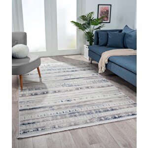 Lotus 8566 Gri Halı Lacivert Detaylı Modern Ince Akrilik Tozuaz Salon Halısı Yatak Odası Koridor 80x150 cm