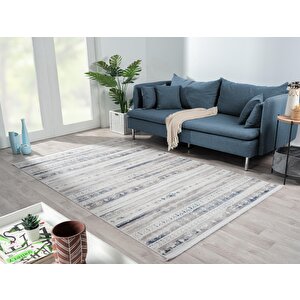 Lotus 8566 Gri Halı Lacivert Detaylı Modern Ince Akrilik Tozuaz Salon Halısı Yatak Odası Koridor 80x150 cm
