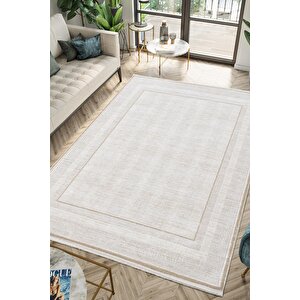 Merit Mr011a Krem Halı Vizon Bej Rengi Geometrik Detaylı İnce Yumuşak Akrilik Modern Salon Halısı 76x300 cm