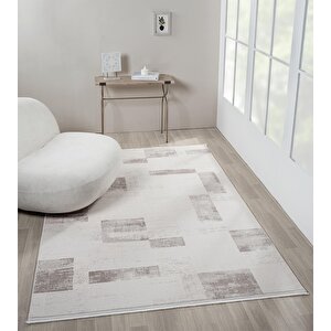 Truva Tv035k Krem Rengi Halı Bej Geometrik Detaylı Akrilik Yumuşak Modern Salon Halısı 195x290 cm