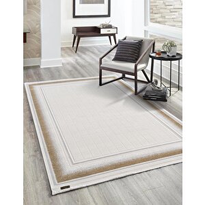 Truva Tv032s Krem Rengi Halı Gold Geometrik Detaylı Akrilik Yumuşak Salon Oturma Odası Halısı 156x230 cm