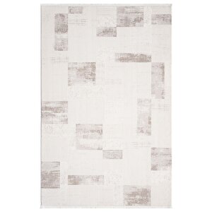 Truva Tv035k Krem Rengi Halı Bej Geometrik Detaylı Akrilik Yumuşak Modern Salon Halısı 97x200 cm