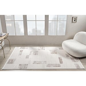 Truva Tv035k Krem Rengi Halı Bej Geometrik Detaylı Akrilik Yumuşak Modern Salon Halısı 97x200 cm