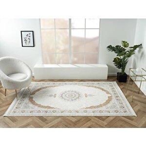 Elegance Eg008a Beyaz Halı Gold Sedef Detaylı Göbekli Modern Viskon Doğal Iplik Bambu Halı Tozu Az 97x300 cm