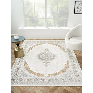 Elegance Eg008a Beyaz Halı Gold Sedef Detaylı Göbekli Modern Viskon Doğal Iplik Bambu Halı Tozu Az 97x300 cm