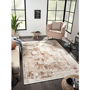 Merit Mr003k Krem Halı Kiremit Detaylı Ince Yumuşak Akrilik Tozuaz Modern Salon Halısı Yatak Odası 152x230 cm