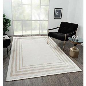 Elegance Eg003a Krem Halı Bej Kenar Çerçeveli Modern Viskon Doğal Iplik Bambu Halı Tozu Az Salon 78x300 cm