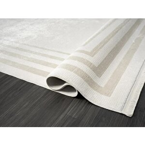 Elegance Eg003a Krem Halı Bej Kenar Çerçeveli Modern Viskon Doğal Iplik Bambu Halı Tozu Az Salon