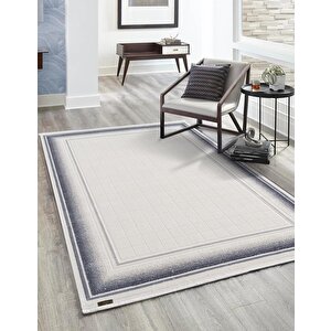 Truva Tv032m Krem Rengi Halı Lacivert Geometrik Detaylı Akrilik Yumuşak Salon Halısı 130x190 cm