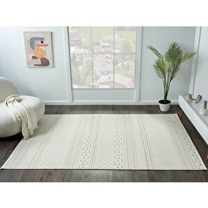 Lotus Plus 08582a Beyaz Halı Bej Kilim Desenli Modern Ince Akrilik Tozuaz Salon Halısı Yatak Odası 97x300 cm