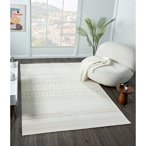 Lotus Plus 08582a Beyaz Halı Bej Kilim Desenli Modern Ince Akrilik Tozuaz Salon Halısı Yatak Odası 97x300 cm