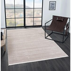 Lenda Ld001a Vizon Bej Kilim Çizgi Detaylı Ince Antialerjik Kaymaz Taban Makinada Yıkanabilir Halı 120x180 cm