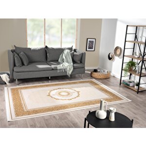 Elit El002s Krem Halı Gold Kenar Çerçeveli Göbekli Ince Yumuşak Akrilik Tozuaz Modern Salon Halısı 76x300 cm