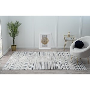 Tokyo Tk002m Gri Halı Lacivert Detaylı Modern Akrilik Kaymaz Taban Tozuaz Salon Halısı Yatak Odası 195x290 cm