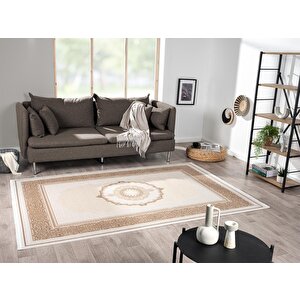 Elit El002a Krem Halı Toprak Kenar Çerçeveli Göbekli Ince Yumuşak Akrilik Tozuaz Modern Salon Halısı 228x340 cm