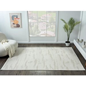 Lotus Plus 08583a Beyaz Halı Bej Detaylı Ince Akrilik Tozuaz Salon Halısı Yatak Odası Halısı Koridor 78x300 cm
