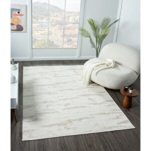 Lotus Plus 08583a Beyaz Halı Bej Detaylı Ince Akrilik Tozuaz Salon Halısı Yatak Odası Halısı Koridor 78x300 cm