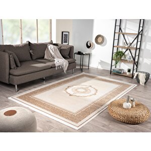Elit El002a Krem Halı Toprak Kenar Çerçeveli Göbekli Ince Yumuşak Akrilik Tozuaz Modern Salon Halısı 76x150 cm