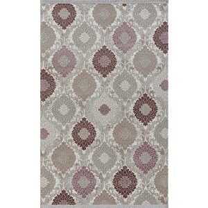 Soft 753 Gri Halı Lila Kahve Çiçek Desenli Modern Klasik Akrilik Tozuaz Salon Halısı Yatak Odası 80x300 cm