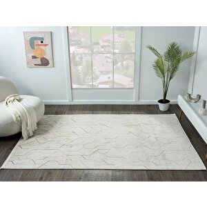 Lotus Plus 08581a Beyaz Halı Bej Abstract Detaylı Modern Ince Akrilik Tozuaz Salon Halısı Koridor 97x300 cm