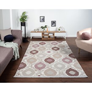 Soft 753 Gri Halı Lila Kahve Çiçek Desenli Modern Klasik Akrilik Tozuaz Salon Halısı Yatak Odası 100x300 cm