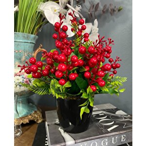 Yapay Çiçek Yılbaşı Çiçeği Kırmızı Kokina Siyah Saksıda 14 Dal 30*25cm