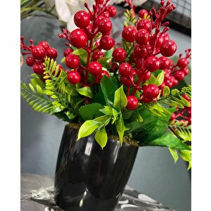 Yapay Çiçek Yılbaşı Çiçeği Kırmızı Kokina Siyah Saksıda 14 Dal 30*25cm