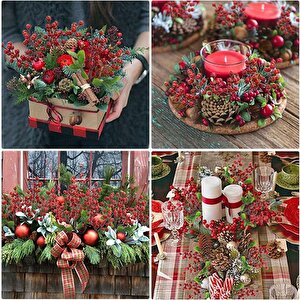 Yapay Çiçek Çam Dallı Kokina 9 Dal Lı Demet 25*30cm Yılbaşı Çiçeği Red Berry