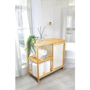 Bambu 3 Raflı Kumaş Sepetli Banyo Düzenleyici Kirli Çamaşır Sepeti D/8 Jw-22750 C1-1-289