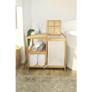 Bambu 3 Raflı Kumaş Sepetli Banyo Düzenleyici Kirli Çamaşır Sepeti D/8 Jw-22750 C1-1-289