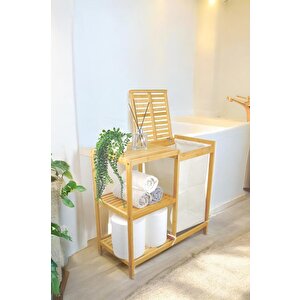 Bambu 3 Raflı Kumaş Sepetli Banyo Düzenleyici Kirli Çamaşır Sepeti D/8 Jw-22750 C1-1-289